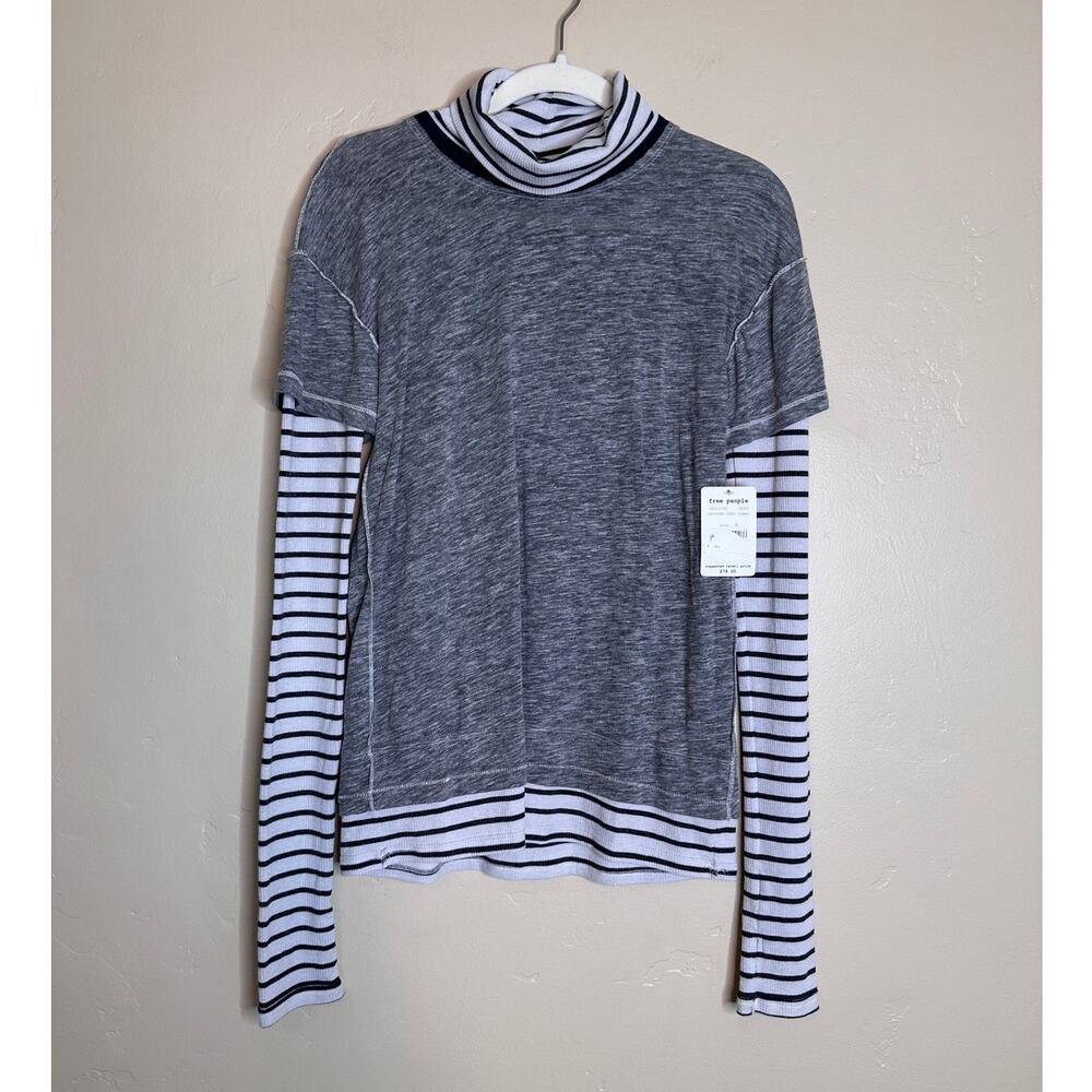NWT Free People Two Fer Stripe Turtleneck Heater Grey Combo Layered Top Medium - Picture 2 of 7